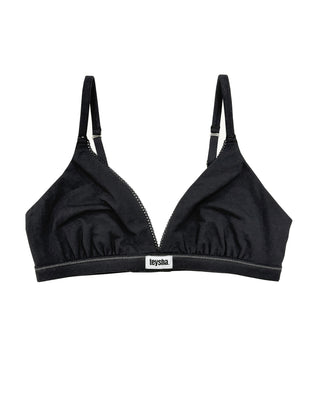 Teysha organic cotton triangle bra in black, front view showing Teysha logo waistband — wire-free, GOTS-certified first bra for tween girls