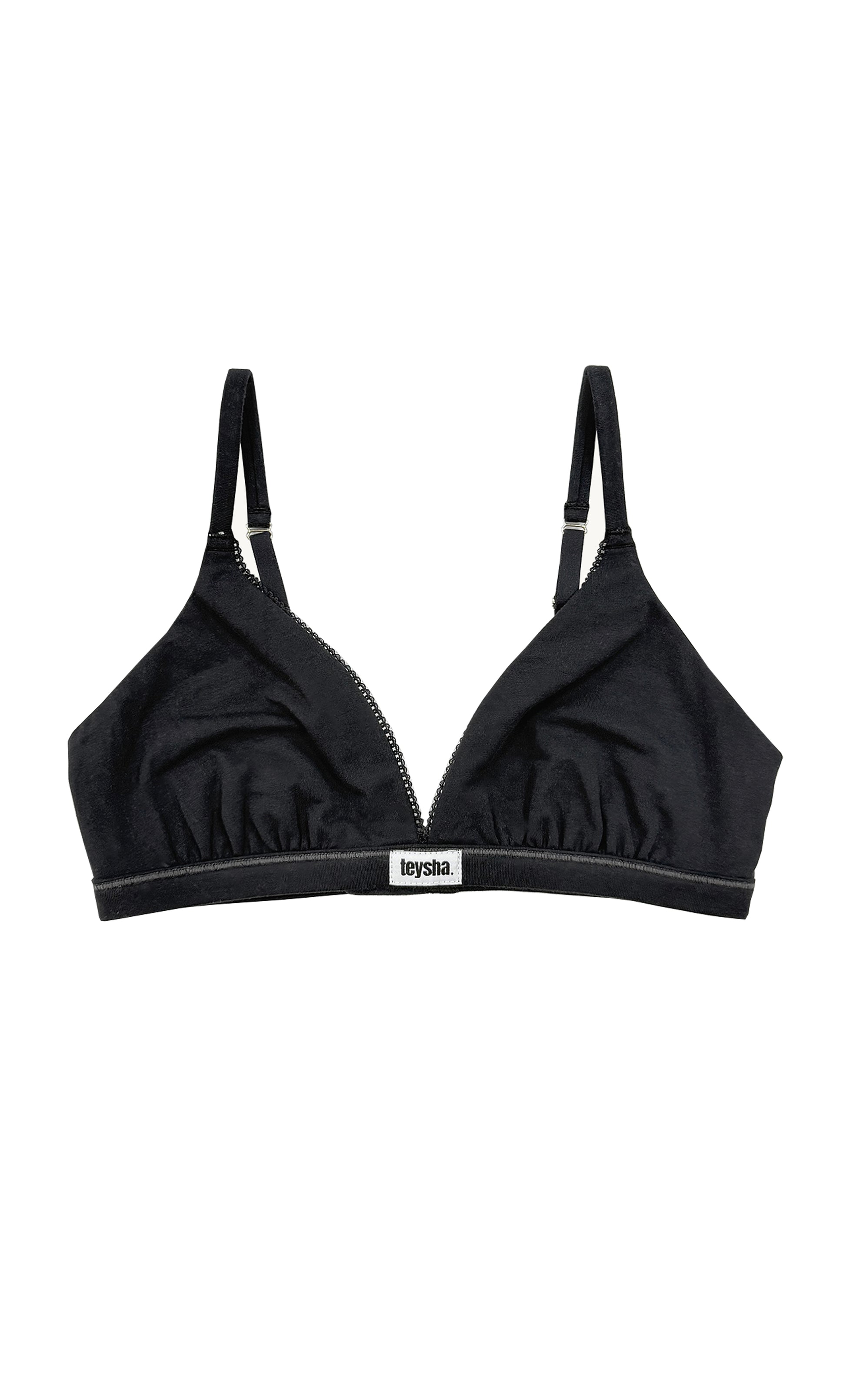 Teysha organic cotton triangle bra in black, front view showing Teysha logo waistband — wire-free, GOTS-certified first bra for tween girls