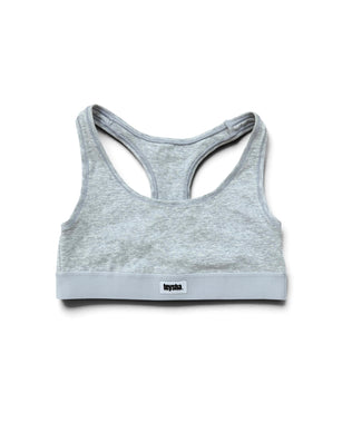 teysha organic cotton sports bra in grey marle, flat lay front view