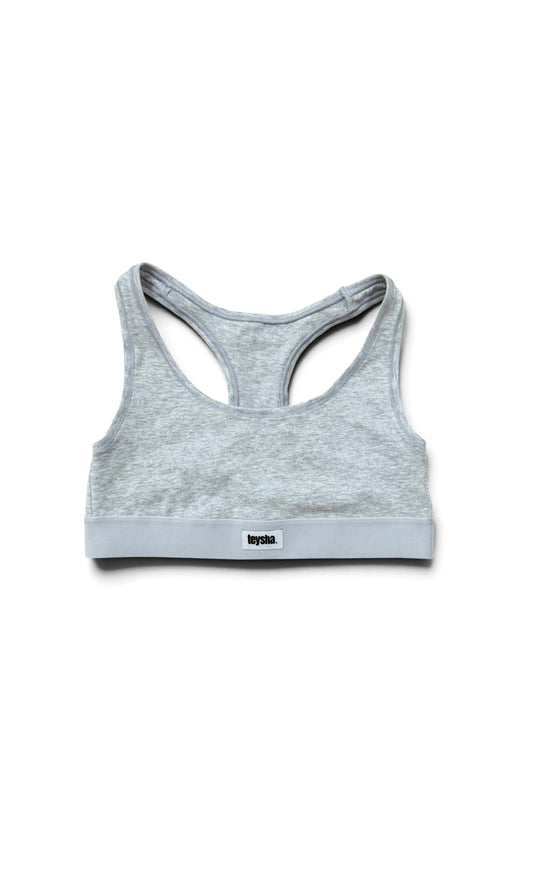 teysha organic cotton sports bra in grey marle, flat lay front view